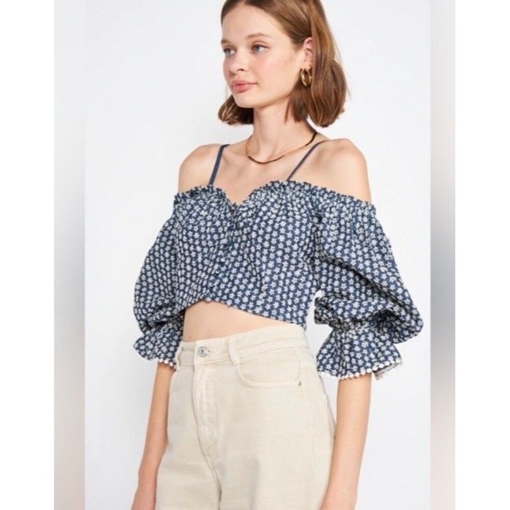 En Saison Sivan Blue Floral Off Shoulder Crop Top Puff Sleeve Cottagecore Size S